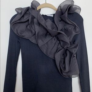 Grey blouse with ruffle neckline